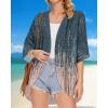 imageWomens Floral Print Puff Sleeve Kimono Cardigan Loose Cover Up Casual Blouse TopsGrey Coral