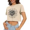 imageWomens Summer Crop Tops Short Sleeve Round Neck TShirts Loose Fit Casual BlouseC Khaki Sunflower