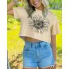 imageWomens Summer Crop Tops Short Sleeve Round Neck TShirts Loose Fit Casual BlouseC Khaki Sunflower