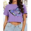 imageWomens Summer Crop Tops Short Sleeve Round Neck TShirts Loose Fit Casual BlouseC Purple Butterfly