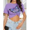 imageWomens Summer Crop Tops Short Sleeve Round Neck TShirts Loose Fit Casual BlouseC Purple Butterfly