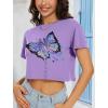 imageWomens Summer Crop Tops Short Sleeve Round Neck TShirts Loose Fit Casual BlouseC Purple Butterfly