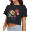 imageWomens Summer Crop Tops Short Sleeve Round Neck TShirts Loose Fit Casual BlouseD Black Butterfly Flowers