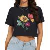 imageWomens Summer Crop Tops Short Sleeve Round Neck TShirts Loose Fit Casual BlouseD Black Butterfly Flowers