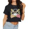 imageWomens Summer Crop Tops Short Sleeve Round Neck TShirts Loose Fit Casual BlouseD Black Flower Print