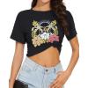 imageWomens Summer Crop Tops Short Sleeve Round Neck TShirts Loose Fit Casual BlouseD Black Flower Print