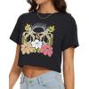 imageWomens Summer Crop Tops Short Sleeve Round Neck TShirts Loose Fit Casual BlouseD Black Flower Print