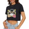 imageWomens Summer Crop Tops Short Sleeve Round Neck TShirts Loose Fit Casual BlouseD Black Flower Print
