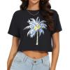imageWomens Summer Crop Tops Short Sleeve Round Neck TShirts Loose Fit Casual BlouseD Coconut Tree Black