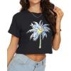 imageWomens Summer Crop Tops Short Sleeve Round Neck TShirts Loose Fit Casual BlouseD Coconut Tree Black