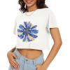 imageWomens Summer Crop Tops Short Sleeve Round Neck TShirts Loose Fit Casual BlouseE Blue White Flower