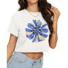 imageWomens Summer Crop Tops Short Sleeve Round Neck TShirts Loose Fit Casual BlouseE Blue White Flower