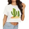 imageWomens Summer Crop Tops Short Sleeve Round Neck TShirts Loose Fit Casual BlouseE White Green Cactus