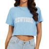 imageWomens Summer Crop Tops Short Sleeve Round Neck TShirts Loose Fit Casual BlouseF Blue New York