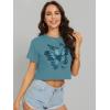 imageWomens Summer Crop Tops Short Sleeve Round Neck TShirts Loose Fit Casual BlouseF Grey Blue Butterfly