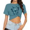 imageWomens Summer Crop Tops Short Sleeve Round Neck TShirts Loose Fit Casual BlouseF Grey Blue Butterfly