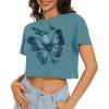 imageWomens Summer Crop Tops Short Sleeve Round Neck TShirts Loose Fit Casual BlouseF Grey Blue Butterfly