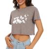imageWomens Summer Crop Tops Short Sleeve Round Neck TShirts Loose Fit Casual BlouseH Brown Flower Butterfly
