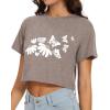 imageWomens Summer Crop Tops Short Sleeve Round Neck TShirts Loose Fit Casual BlouseH Brown Flower Butterfly