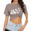 imageWomens Summer Crop Tops Short Sleeve Round Neck TShirts Loose Fit Casual BlouseH Brown Flower Butterfly