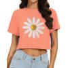 imageWomens Summer Crop Tops Short Sleeve Round Neck TShirts Loose Fit Casual BlouseH Orange Red Flower