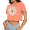 imageWomens Summer Crop Tops Short Sleeve Round Neck TShirts Loose Fit Casual BlouseH Orange Red Flower