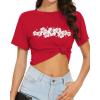 imageWomens Summer Crop Tops Short Sleeve Round Neck TShirts Loose Fit Casual BlouseH Red White Flower