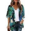 imageWomens Floral Print Puff Sleeve Kimono Cardigan Loose Cover Up Casual Blouse TopsBlack Green Tropical