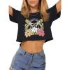 imageWomens Summer Crop Tops Short Sleeve Round Neck TShirts Loose Fit Casual BlouseD Black Flower Print