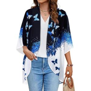 imageWomens Floral Print Puff Sleeve Kimono Cardigan Loose Cover Up Casual Blouse TopsBlack Blue Butterfly