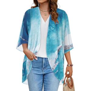 imageWomens Floral Print Puff Sleeve Kimono Cardigan Loose Cover Up Casual Blouse TopsBlue White Gilt