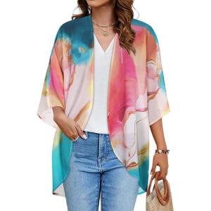 imageWomens Floral Print Puff Sleeve Kimono Cardigan Loose Cover Up Casual Blouse TopsColorful Gilt