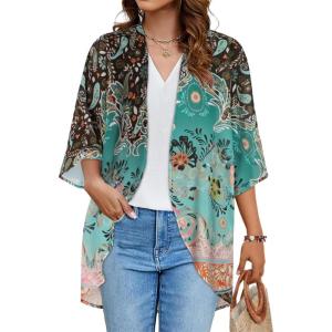 imageWomens Floral Print Puff Sleeve Kimono Cardigan Loose Cover Up Casual Blouse TopsGreen Gradient Print