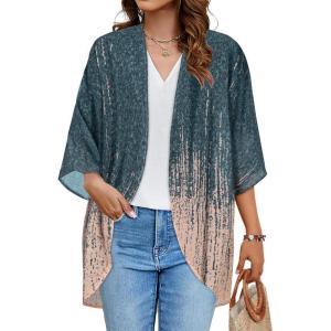 imageWomens Floral Print Puff Sleeve Kimono Cardigan Loose Cover Up Casual Blouse TopsGrey Coral