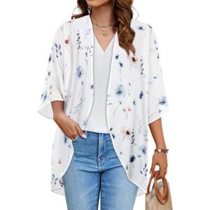 imageWomens Floral Print Puff Sleeve Kimono Cardigan Loose Cover Up Casual Blouse TopsWhite Blue Flower