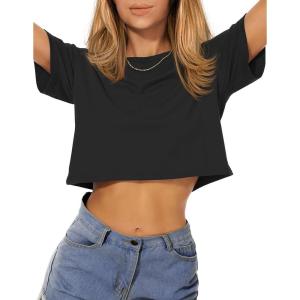 imageWomens Summer Crop Tops Short Sleeve Round Neck TShirts Loose Fit Casual BlouseAblack