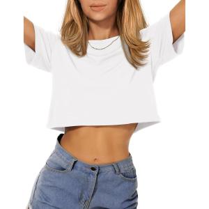 imageWomens Summer Crop Tops Short Sleeve Round Neck TShirts Loose Fit Casual BlouseAwhite