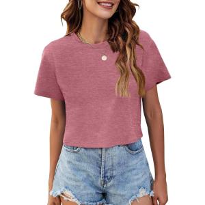imageWomens Summer Crop Tops Short Sleeve Round Neck TShirts Loose Fit Casual BlouseB Brick Red