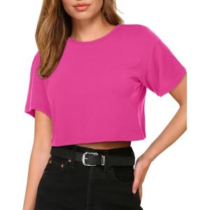 imageWomens Summer Crop Tops Short Sleeve Round Neck TShirts Loose Fit Casual BlouseB Hot Pink