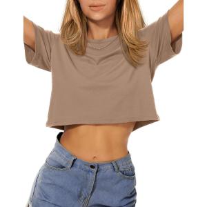 imageWomens Summer Crop Tops Short Sleeve Round Neck TShirts Loose Fit Casual BlouseB Khaki