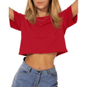 imageWomens Summer Crop Tops Short Sleeve Round Neck TShirts Loose Fit Casual BlouseB Red