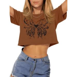 imageWomens Summer Crop Tops Short Sleeve Round Neck TShirts Loose Fit Casual BlouseC Brown Butterfly
