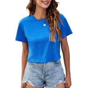 imageWomens Summer Crop Tops Short Sleeve Round Neck TShirts Loose Fit Casual BlouseD Light Blue