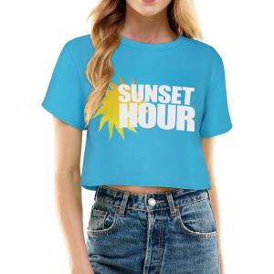 imageWomens Summer Crop Tops Short Sleeve Round Neck TShirts Loose Fit Casual BlouseF Blue Sunset Hour