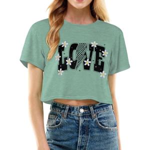 imageWomens Summer Crop Tops Short Sleeve Round Neck TShirts Loose Fit Casual BlouseF Green Love Printing