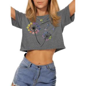 imageWomens Summer Crop Tops Short Sleeve Round Neck TShirts Loose Fit Casual BlouseG Grey Dandelion Print