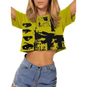 imageWomens Summer Crop Tops Short Sleeve Round Neck TShirts Loose Fit Casual BlouseH Ginger Yellow Graffiti