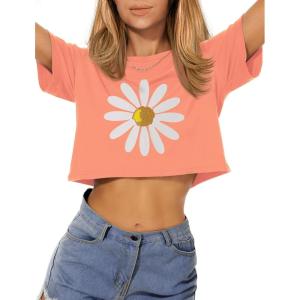 imageWomens Summer Crop Tops Short Sleeve Round Neck TShirts Loose Fit Casual BlouseH Orange Red Flower