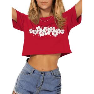 imageWomens Summer Crop Tops Short Sleeve Round Neck TShirts Loose Fit Casual BlouseH Red White Flower