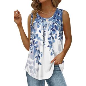imageCHICGAL Womens Tank Tops Summer Sleeveless Blouse Crewneck Casual Loose Fit Tunic ShirtWhite Blue Leaves